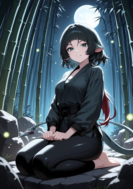 masterpiece, best quality, 1girl, solo, j4ne d0e, two-tone hair, black hair, red hair, blunt bangs, animal ears, dougi, martial arts belt, outdoors, (bamboo forest), full moon, night, seiza, sitting, full body, green eyes, tail, spandex, barefoot, fireflies, dark theme, rock, sitting on rock, looking at viewer, dim lighting, dark background, backlighting, hands on lap, v-shaped eyebrows, parted lips, light smile