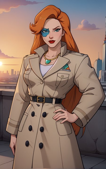 score_9, score_8_up, score_7_up, looking at viewer,  BREAK
LongCoat_FoxXanatos_ownwaifu, 
1girl, eye mask, facial tattoo, green eyes, long hair, orange hair, lipstick, makeup, red lips, necklace, breasts,
trench coat, long sleeves, jacket, popped collar,
(contrapposto, hand on hip), sunset, sidelighting, cityscape, outdoors, <lora:PONYXL_Gargoyles_FoxXanatos_ownwaifu:1> , depth of field, solo,