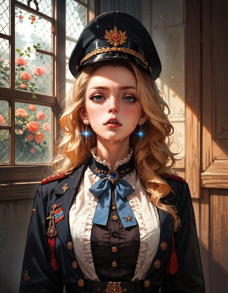 score_9, score_8_up, score_7_up, score_6_up, score_5_up, score_4_up,   source_anime, long voluminous blonde hair, sweaty, 20yo girl, black military outfit, black military hat, standing and saluting, realistic, big natural rocket breasts, front view, jail cell