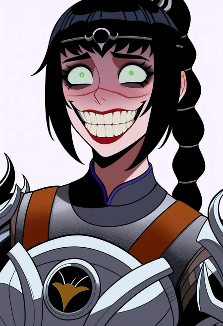 best quality, amazing quality, very aesthetic, absurdres,
jokerized, smile, grin, teeth, red lips, constricted pupils, crazy eyes,
1girl, solo, shadowheart, black hair, braided ponytail, green eyes, scar on face, circlet, armor,
smile, looking at viewer, upper body, simple background, white background,  <lora:ShadowHeartIllustrious_byKonan:0.8>   <lora:JokerizedNoobXL_byKonan:1>