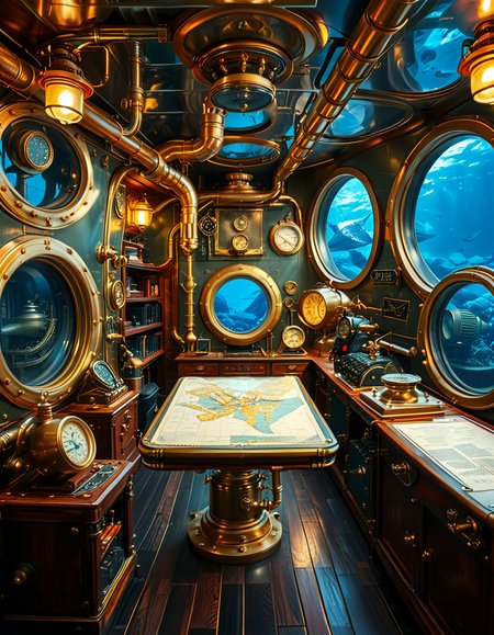 A stunning and intricate view of the interior of the Nautilus submarine, inspired by Jules Verneâs steampunk aesthetic. The room is a mix of Victorian elegance and advanced 19th-century marine engineering. The walls are lined with riveted brass and copper pipes, with intricate pressure gauges and mechanical levers. A massive, round glass porthole offers a breathtaking underwater view of deep-sea creatures swimming in the dark abyss. The warm glow of antique oil lamps and gaslights illuminates the space, casting soft golden reflections on the polished mahogany furniture and ornate brass railings. A large wooden desk is covered with old nautical charts, compasses, and a logbook filled with Captain Nemoâs notes. In the background, a library with leather-bound books and scientific instruments is neatly arranged on wooden shelves, emphasizing the scholarly and adventurous nature of the vessel. The ambiance is a perfect fusion of mystery, science fiction, and vintage maritime beauty, evoking a sense of wonder and deep-sea exploration.<lora:SDXLFaeTastic2400:0.4> <lora:extremely_detailed:0.4> extremely detailed, <lora:Nautilus_subm4r1n3:1>,Nautilus subm4r1n3, Masterpiece,best quality,hi res,8k,hi res,8k,award winning,(sharp focus, intricate, highly detailed),