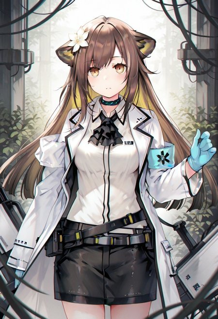 artist:Tsunako,(artist:miyase mahiro:0.6),(artist:ke-ta:0.8),masterpiece,best quality,amazing quality,1girl,1girl,folinic(Arknights),cowboy shot ,animal_ears,brown_hair, long_hair, animal_ears, yellow_eyes, hair_ornament, hair_flower, breasts, multicolored_hair, cat_ears,white coat,black ascot,blue gloves,