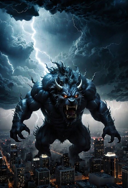 black clouds, rain, lightening, dark, night, ( beast appears from the rolling cloud), The beasts looks down as he towers above the city below,  DEVIL SPAWN