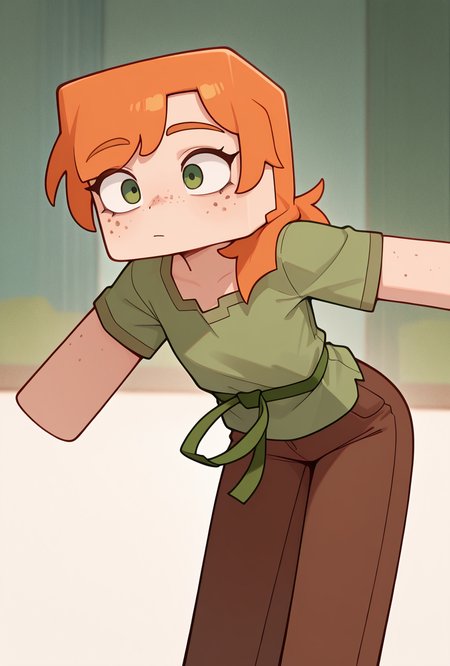 <lora:alexmc-10:1> alexmc, orange hair, 1girl, solo, green eyes, long green shirt, brown pants, short sleeves, freckles, square arms, square body, green waist ribbon, dynamic pose,, masterpiece, best quality, amazing quality, very aesthetic, absurdres, newest,
