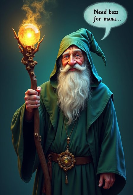 old wizard,holding  staff  topaz stone on it, speech bubble says "need buzz for mana",CGI