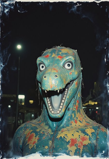 live action found footage, old photo, A series of eerie, distorted Polaroids from the 1980s of an abandoned amusement park at night, highlighting a dilapidated dinosaur animatronic with peeling paint and sinister-looking eyes. The scene is unexpectedly photobombed by an unidentified blurry figure that adds an unintended ghostly presence.