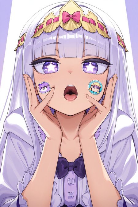 masterpiece, best quality, amazing quality,
 <lora:Syalis_IL:1> syalis, star in eye, symbol in eye, 1girl, bangs, purple eyes, solo, star (symbol), looking at viewer, blunt bangs, long hair, symbol-shaped pupils, sticker, bow, hands up, open mouth, star-shaped pupils