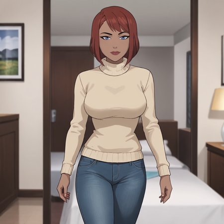 <lora:batgirlkillingjoke_pony_v1:.8>barbarakillingjoke, 1girl,red hair,  large breasts, short hair, blue eyes, lipstick,  red lipstick,  cowboy shot, sweater, jeans