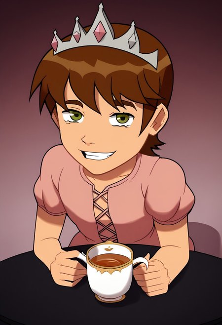 deadinsidestyle, (chb), from slight above angle, sitting at table, tea cup, tea pot, pink theme, pink dress, tiara, ((Solo)), Looking at viewer, Smiling,