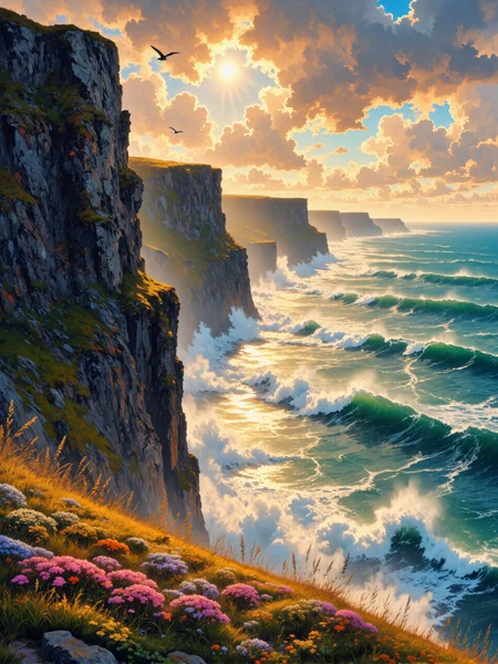 masterwork painting of the towering cliffs of moher in ireland, highly detailed impressionistic oil painting on canvas, dappled sunlight, dramatic sky, dramatic lighting, a breathtaking view of the cliffs of moher in ireland during golden hour, towering cliffs rise majestically from the atlantic ocean, their rugged surfaces bathed in warm, golden sunlight, waves crash against the base of the cliffs, sending white spray high into the air, capturing the raw power of the sea, the wind carries the salty mist inland, stirring wild grasses and a small patch of delicate wildflowers in the foreground, the distant horizon glows softly where the sky meets the sea, a few puffins and seagulls glide effortlessly through the gusty air, their silhouettes adding life to the composition, the sky is a dramatic mix of soft pastels and deep, shifting clouds, with breaks in the cloud cover allowing shafts of golden light to illuminate sections of the cliffs and ocean, brushstrokes are loose and expressive, emphasizing movement and the fleeting beauty of the moment, textures are rich and layered, blending deep earthy tones for the cliffs, cool blues and greens for the ocean, and luminous highlights for the sunlit edges, the atmosphere is grand and untamed, evoking the wild beauty of ireland's coastline, <lora:style-vibrantly_sharp-v5-flux-by_bra2ha:0.6> <lora:image_enhancer-flux-by_dever:0.8>
