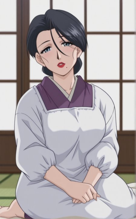 masterpiece, best quality, insaneres, absurdres,yokozuwari, sitting, barefoot, blanket, sliding doors, tatami, sidelighting, indoors, depth of field, solo, looking at viewer,   <lora:ILLUSTXL_MistreatedBride_SumieTakayanagi_ownwaifu:1>, BREAK WhiteApron_SumieTakayanagi_ownwaifu, 1girl, black hair, breasts, grey eyes, japanese clothes, lipstick, makeup, mature female, mole under mouth, red lips, white apron, kimono, single hair bun, apron, kappougi, hair between eyes, large breasts,