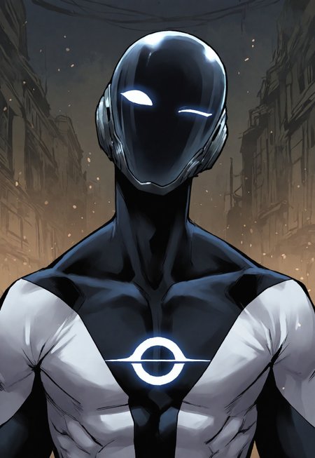 masterpiece, best quality, amazing quality, very aesthetic, absurdres, newest, detailed background, ra3iant, 1boy, solo, bodysuit, black bodysuit, white bodysuit, mask, no nose, close-up, white eyes, one eye closed, head tilt