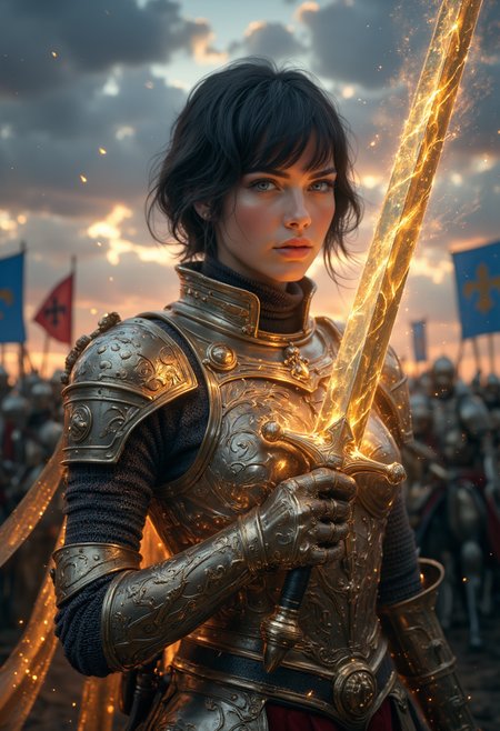 breathtaking cinematic film still In the style of John Howe, a powerful female fantasy medieval holy knight, a saintly figure, stands resolute in her heavy French style intricately engraved plate armor with chainmail. Her short black hair with sharp bangs framing her determined face adds to her commanding presence. She alone wields a radiant holy sword that gleams with divine light, casting an ethereal glow across the battlefield. The swordâs golden hilt glows faintly, while the blade itself pulses with sacred energy. Her piercing eyes reflect an unshakeable faith, and her armor bears the symbols of her holy order. Behind her a vast battlefield of knights on warhorses rally to her  in the background,
highly detailed background of an army with blue and red banners with a black Fleur de Lys
<lora:aidmaGLOWV4wc:0.55> aidmaglow <lora:Aura_Flux:0.55> auralora  <lora:FluxMythP0rtr4itStyle:0.4> mythp0rt . shallow depth of field, vignette, highly detailed, high budget, bokeh, cinemascope, moody, epic, gorgeous, film grain, grainy . award-winning, professional, highly detailed