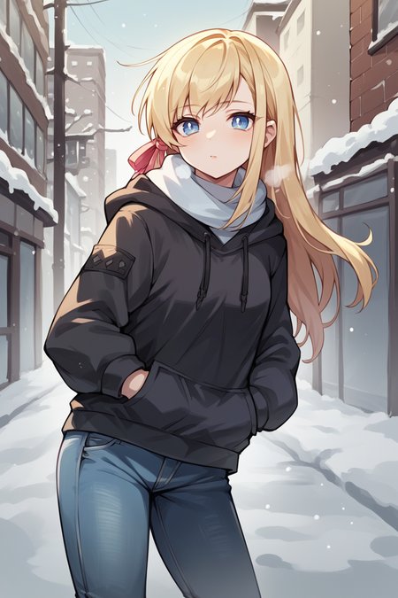 score_9, score_8_up, score_7_up, score_6_up, source_anime, BREAK 1girl  <lora:ryne-pdxl-nvwls-v1:1> ryne, blonde hair, blue eyes, hair ribbon, black hoodie, jeans, hands in pockets, winter, snow, city, looking at you, steamy breath