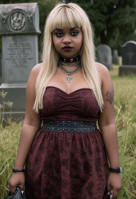 (medium full shot) of (intense emo girl) young woman, full-figured build, extra long blonde curtain bangs hair, south african, dark skin, brown eyes, wearing a maroon strapless dress with dark patterns , vans with skull prints, dark red lipstick, smoky eyeshadow, heavy eyeliner, carrying a studded handbag choker necklace, set in  a quiet cemetery, with overgrown grass, old headstones, still air, and melancholic ambiance, woman smiling, detailed face, ,Masterpiece,best quality, raw photo, realistic, very aesthetic