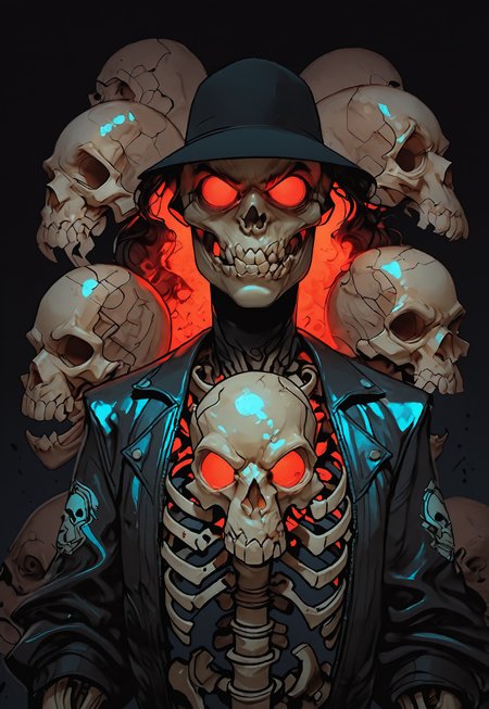 MythAn1m3, INCASE Style,   Title: "Dark Gothic-Style Illustration - Skull-Faced Figure"  Art Style: A dark, gothic-style illustration featuring a central figure with a skull-like face, red eyes, and an ornate umbrella with Japanese characters. The style emphasizes intricate details and a somber, mysterious atmosphere.  Subject & Details: The central subject is a figure with a skull-like face, red eyes, dressed in a black leather jacket adorned with intricate designs and symbols, including a skull emblem on the left side. The attire also includes a helmet with a similar skull design. The figure carries a large, ornate umbrella with Japanese characters.  Visual Elements: The figure's skull-like face, red eyes, black leather jacket with intricate designs and symbols, helmet, and ornate umbrella contribute to the dark and mysterious atmosphere of the image. The muted background with soft beige tones and faint silhouettes of birds in the distance add depth and visual interest. The overall color palette is dominated by dark shades of black, gray, and white, with the red eyes providing a striking contrast.  Composition: The composition focuses on the central figure's somber and mysterious appearance, emphasizing intricate details and the gothic atmosphere. Attention to detail in the character's facial expressions, body language, and physical characteristics helps create an immersive experience that tells a story or evokes emotions without relying on text. The overall color palette and muted background add depth and visual interest to the image.  Additional Details: The dark, gothic-style illustration exudes a sense of mystery and intrigue, with the figure's skull-like face, red eyes, and ornate accessories contributing to an air of foreboding and drama. solo, looking_at_viewer, short_hair, simple_background, shirt, 1boy, red_eyes, hat, jacket, upper_body, monochrome, male_focus, open_clothes, open_jacket, black_jacket, gradient_background, mask, glowing, glowing_eyes, clothes_writing, zipper, skull, cyborg, skeleton, cyberpunk, skull_print