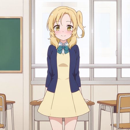 nsfw, masterpiece,best quality,amazing quality,1girl, solo, anima_yell_uki_sawatari, standing, smile, blonde hair, solo, yellow eyes, school uniform,dress,jacket, bow, blush, side ponytail, classroom, looking at viewer, <lora:Uki_Sawatari_-_Anima_Yell:0.7>