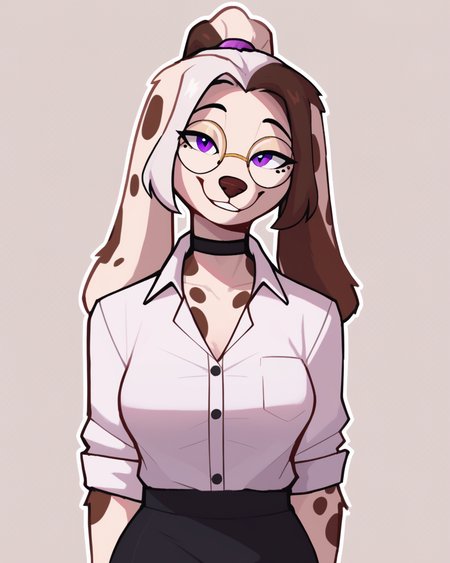 score_9_up, score_8_up, score_7_up, score_6_up, by remanedur, furry female, half-length portrait, dog, female, furry, white hair, purple eyes, round glasses, choker, dress shirt, pencil skirt, spotted body, white body, white ponytail, multicolored hair, long ears, ponytail, medium breasts, looking at viewer, smile, happy, head tilt, solo, three-quarter view, simple background, white outline, <lora:Leah_Pines(AIM)_XL_v1:0.15> <lora:PDXL_artist_tags_v2_big:0.5> <lora:The-Minuscule-Task_PDXL_v1.0:0.6> <lora:Molly_MllyMllyOxnFree:0.7>