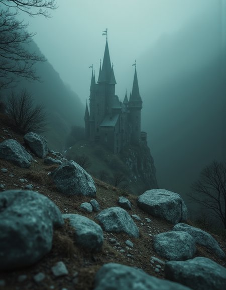 Mysticism. The concept. Surrealism. 
Slumbering behind the mountain, my gloomy castle.
The soul is tormented sometimes by the peace that reigns in it.
I am a suffering hero of your fantasies,
And all the images of my living love are with me.
I often see fear in the eyes looking at me.
They are destined to sleep within my walls,
Freeze in my worlds.
But my heart burns with love, my soul hurts.
And the wax figures look beautiful -
Peace reigns everywhere!

spectacular lighting, unimaginable quality, 8K, UHD, 

 (Depth of field), Fujica GW690 camera, medium 20 mm film.
