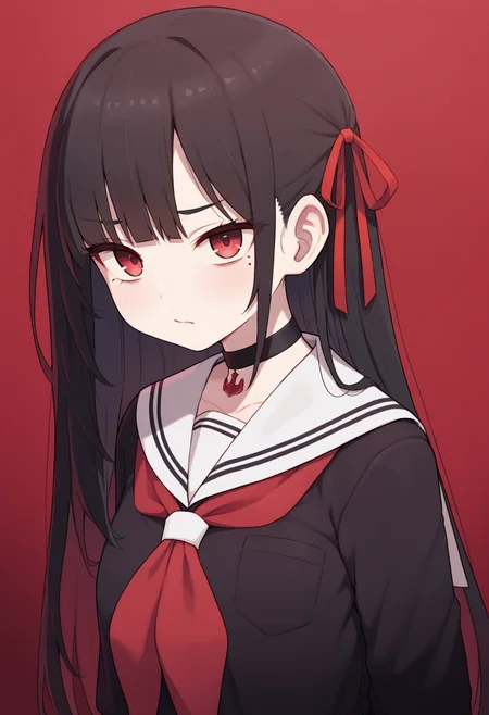 masterpiece,best quality,amazing quality,
1girl, solo, red background, black hair, long hair, red eyes, choker, school uniform, looking at viewer, sailor collar, black choker, hair ribbon, mole under eye, mole, serafuku, ribbon, bangs, closed mouth, white sailor collar, shirt, red ribbon, red neckerchief, black shirt, black serafuku, neckerchief, upper body,
 <lora:Chiwino_epoch_9:1>