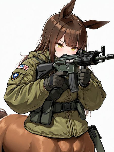 masterpiece, best quality, amazing quality, very aesthetic, high resolution,
epona, centaur, 1girl, gun, weapon, animal ears, solo, holding, holding weapon, gloves, white background, holding gun, simple background, yellow eyes, rifle, brown hair, green jacket, aiming, jacket, black gloves, assault rifle, bangs, horse tail, 
<lora:epona_race_v2_illustrious_epoch_7:0.9>,
<lora:NOOB_EPSv1_1_detailer_by_vlnvk_v1_0:1>