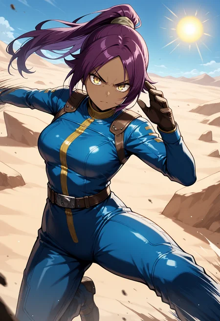 masterpiece, best quality, 1girl, solo, dark-skinned female, dark skin, purple hair, long hair, parted bangs, blue jumpsuit, long sleeves, leather, (vault suit), (fallout \(series\)), outdoors, (desert), kicking, kicking at viewer, motion lines, motion blur, yellow eyes, high ponytail, scenery, horizon, high kick, looking at viewer, blue sky, sun, v-shaped eyebrows, serious, closed mouth