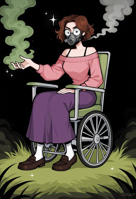 score_9, score_8_up, score_7_up, score_6_up, score_5_up, score_4_up,
BREAK
1girl, olivia funger, brown hair, short hair, wavy hair, black gas mask,
BREAK
sitting, wheelchair, green magic, green smoke, green mist, sparkles, black camisole, pink sweater, sweater under shirt, purple skirt, long skirt, black loafers, smoke bomb, gas, throwing, throwing grass,
BREAK
black background, dynamic pose, dark, <lora:Lunas-Olivia-Funger-SDXL-A1:1> <lora:Lunas-MatildaFiship-SDXL-A1:1>