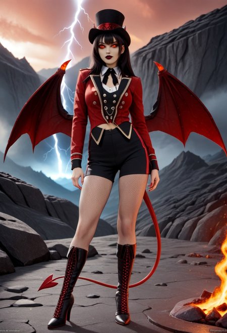 A 35mm photo of a beautiful slim woman, she is a reptilian demon , pale red demon skin with orange belly skin and inner thighs, black demon horns, clawed demonic hands, digitigrade red demon hooves, spade tipped demon tail, standing in a volcano, long straight black hair, large green feline demon eyes, demonic wings, lit with a sickly green light, red sky, blue lightning, broad sexy hips, slim waist, pert breasts, wearing a fitted red tailcoat and black yoga leggings
ruffled lingerie, lava, fire, volcano, lightning, hud_rngmstr,  black shorts, red long sleeve sequin short jacket, buttons, top hat, black neck ribbon, fishnet pantyhose, high heel boots