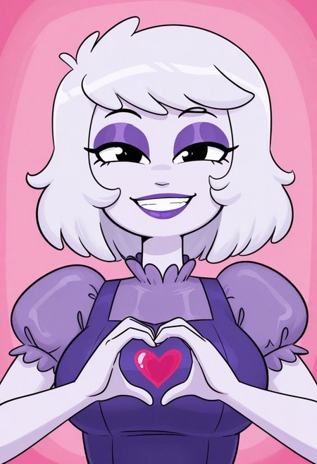 1girl, solo, medium build, medium hair, sfw, safe for work, covered skin, flowy dress,  black eyes, purple lipgloss, smiling, portrait, upper body, heart hands, foreshortening, detailed, newest,spakka5