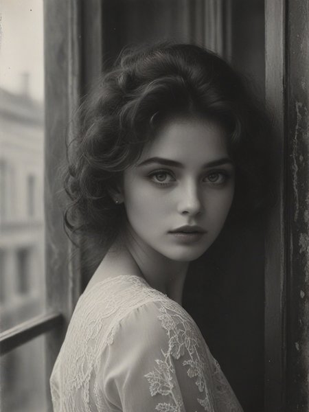 Baroque, Luxurious Elegance, (masterpiece), (best quality), (ultra-detailed), ((B&W 35mm Vintage photo of)) 19th century, The girl is stands at the window, the girl is slender, attractive girl, her french twist haircut with a reddish tinge, her eyes are large and expressive, dark eyebrows, the girl's lips are plump, (she holds a letter on a paper sheet:2.1), the girl is dressed in ((a (white) loose strict modest dress with lace:1.5)), comfortable shoes with a bow on the girl's feet, the window the girl is looking through. decorated with beautiful curtains, the living room is covered with luxory light blue wallpaper, which makes the room cozy, the girl stands strong, curvy, big soft natural breasts, hourglass figure, flushed face, ultra curly dark red hair, amber eyes, sweaty skin, low key lighting, RAW photo, detailed textures, sharp focus, ultra-high pixel detail, intricate, realistic, dramatic, cinematic, high-quality, full colors, incredibly detailed, 4k, hyper-realistic, RAW photo, masterpiece, ultra-detailed, professional ((B&W)) photography, bokeh, illustration, <lora:add-detail-xl:0.7>, <lora:SDXL_Enhance:0.45>, <lora:detailed_hands:0.4>, <lora:Vintage_Street_Photo:0.6>, vignette, illustration, disheveled hair, detailed eyes, perfect composition, moist skin, intricate details, earrings, by wlop, extravagant, ornate, designer, opulent, picturesque, lavish, dramatic, exuberant, grandeur, baroque art