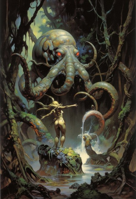 Comic book style , very detailed epic masterpiece,
Boris Vallejo style, retro art style,  , Retro Sci style, a prehistoric warrior is attacked by a giant octopus like  monster with long tentacles and glowing eyes, its  has a shell on its back, fangs, saliva, (Amazonian -female warrior, fur loincloth, big ass, defensive position), exposed breast, rain forest, swamp, little suinlight coming through the trees, dark athmosphere, retro oil painting style, reduced saturation, dramatic lighting, sureal mood, scary, realistic realistic, realism, photo realistic oil painting, photo realistic painting, scary scene, action, scary, best quality, epic scene,  Dungeons and dragons atmosphere, heroic fantasy, fna_style, Comic book style