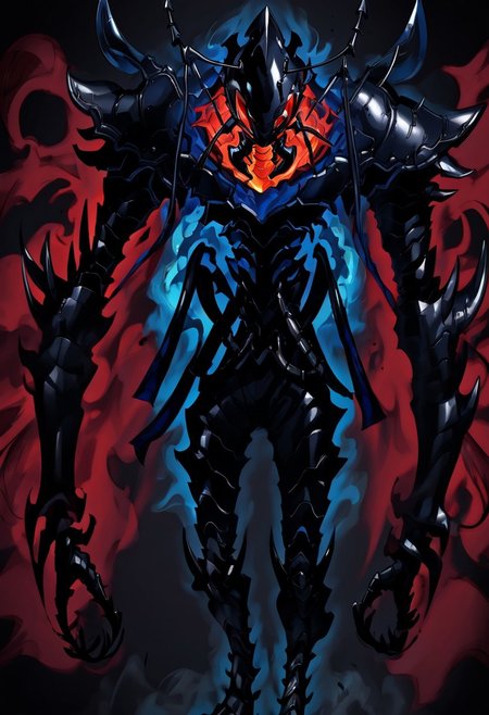ant king beru,blue eyes, red eyes, gradient, black background, full armor, manga, solo, shirt, spikes, anime style, muscular male, fire, holding, helmet,shadow