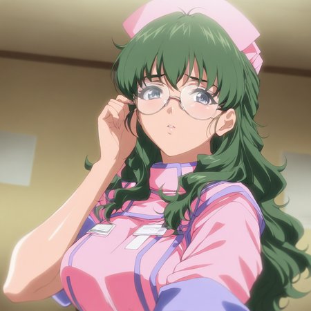 masterpiece,high score,great score,absurdres,1girl,solo,looking at viewer,upper_body,portrait,<lora:Aoi_Akimoto ag4o v1:1> aoi_akimoto, green hair, long hair, blue eyes, glasses,nurse,