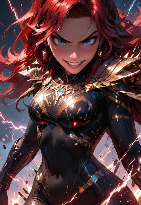 safe_pos, 1girl, solo, 18 year old girl, detailed face:1.4, stunning beauty:1.5, long legs, large body, powerful sorceress:1.3, large saggy breasts, flushed cheeks, fierce expression:1.6, furious grin:1.4, manic grin:1.3, snarling, showing teeth, grimacing in pain:1.3, long hair, dynamic hairstyle, deep rich (dark crimson) hair:1.5, freckles:1.4, looking into distance, looking away:1.3, earrings, completely black armor:1.5 with bright red glowing patterns:1.5, glowing mystic runes, shiny armor, reflective armor, skin tight clothing, torn clothing, gauntlets, thigh highs, long cape, cape billowing behind her:1.4, arcane energy:1.4, lightning, sparks, purple energy waves, wicked, sharp canines:0.7, glowing bright blue eyes:1.2, vivid detailed eyes, charging power:1.4, exposed thighs, shiny/glossy skin, detailed skin, realistic skin, stomach exposed, midriff exposed, navel exposed, dynamic pose, 

active battleground, streaming red flags, battlefield, flaming projectiles, debris flying, explosions, fire, lightning, 

score_9, score_8_up, score_8, masterpiece:1.3, best quality, official art, extremely detailed, CG unity 8k wallpaper, highly detailed, absurdres, high definition, photorealism:1.5, detailed shading, dynamic lighting, high contrast, ambient occlusion, vibrant colors:1.5, saturated colors:1.6, ray tracing, 

close up shot, dynamic angle, source_anime, close shot, face focus, cinematic:1.3, epic:1.5,

expressiveh, mythp0rt, 