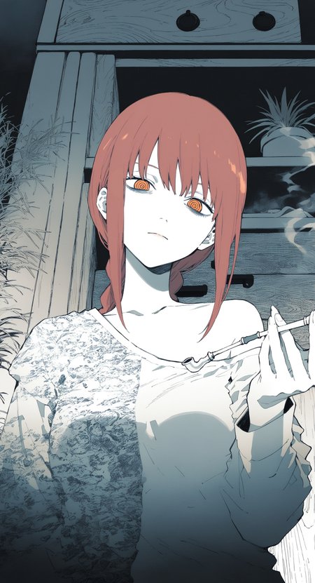 (by maki keigo:1.2)  linear hatching, hatching \(texture\),  
makima \(chainsaw man\), holding smoking pipe,  1girl,  portrait, upper body, looking at viewer,  expressionless, (single bare shoulder:1.2), single off shoulder,  head tilt, looking down, from below,  indoors, potted plant,  
(messy unfinished sketch:1.3),  limited palette, bags under eyes,  flat color, partially colored, multiple monochrome,  textured, patterned, cabinet, closet, wooden texture, 
masterpiece, best quality, amazing quality, very aesthetic,
<lora:nhl-004:0.9>  nhl-004,