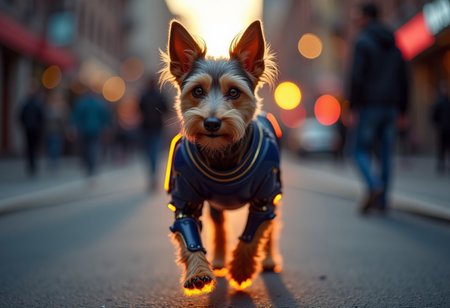 facing camera, beautiful dog's head, on a navy blue cyborg dog's body with gold trim, face and eyes and neck are normal, neon lights outline legs and body, bright studio lights are lighting face, walking down a city street on all four paws, at dusk, sun is behind but not visible