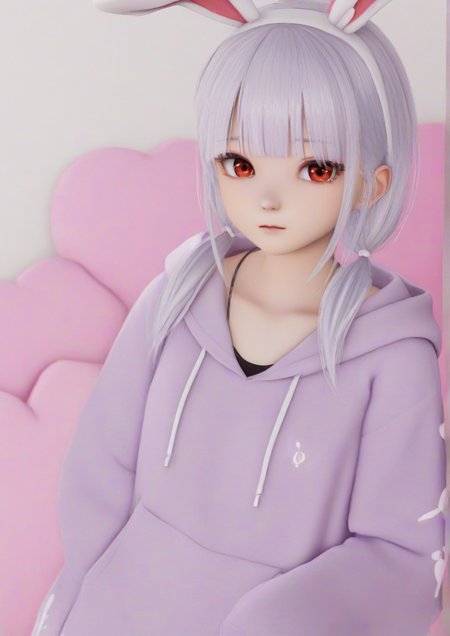 1girl, laffey (azur lane), by kodoto, 3d, animal ears, collarbone, fake animal ears, hairband, hood, hoodie, light purple hair, long hair, long sleeves, rabbit ears, red eyes, sleeves past fingers, sleeves past wrists, solo, twintails, <lora:yeyebirdie:0.9>