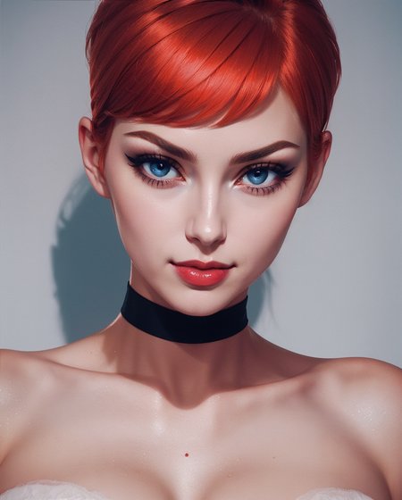 Speedpainting (Glamour:1.3) Photo of (German: 1.2) TV Actress Helga Braun short fine (Copper Red Hair) Stylish haircut,  (Light skin tone, smooth complexion:0.9), Fair Oval Face with Subtle High Cheekbones, Symmetrical, High Arch Eyebrows, Prominent Close-Set Eyes, Glacier Blue Eyes, Graceful Aquiline Nose Modest Thin Lips, Joyful Smile , (Hourglass figure:1.1),(large breasts:1.2), (cleavage:1.1), Wearing a midnight navy sequined garter belt with matching stockings, channeling the glamorous and seductive style of Tom Ford,,  skindentation, (Cowboy shot:1.3), lounging in Boudoir,(Cinematic Lighting), From Above  Shot using a (Canon Canonet QL19 Camera:1.3), using a (45mm f/1.9 lens:1.3), on (Fujicolor film:1.3), in the style of (Edward Steichen:1.3)