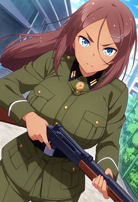 general,highres, ultra-detailed,very aesthetic,best quality ,best hands,best eyes,easynegative,
dynamic anglre, dutch angle, anime cloring,anime screencap,
1girl solo,looking at viewer,wilder,outdoors, holding rifle, fighting, 
Umiko AHAGON,brown_hair, long_hair, blue_eyes, huge_breasts, light brown skinned female, hairclip,military uniform,