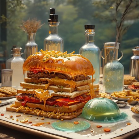 foodphoto, a cheeseburger and fries made out of slime, cheeseburger and fries on a plate, french fries, french fries made of slime, food made of slime, food still life, plate made of slime, table made of slime,
natural light, no bright spots, 
((translucent slime)), ((transparent slime)), made of water, (bioluminescent slime), sl1m3, slime, slime-morph, ais-blmn, saturated colors, no creatures, no humans, no monsters, no pokemon, scenery only, scenery, ral-lava, watce