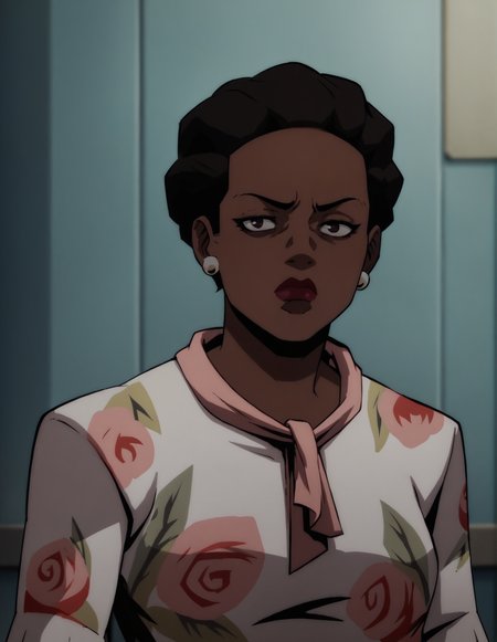 1girl, portrait, dress,  indoors, short hair, dark skin, solo, pearl earrings <lora:Amanda_Waller:1> waller, score_9, score_8_up, score_7_up, score_6_up