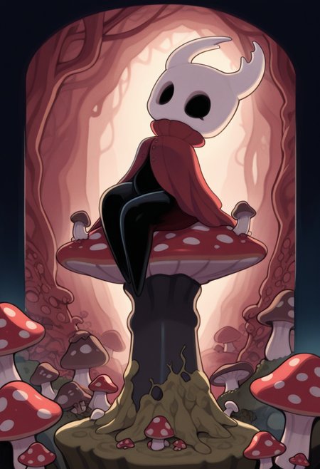 misostyle, masterpiece,  best quality, solo, hollow knight, white horns, black body, red attire, perched upon a mushroom,  victorian background, backlighting, fungal caves, spores, moss, mushrooms