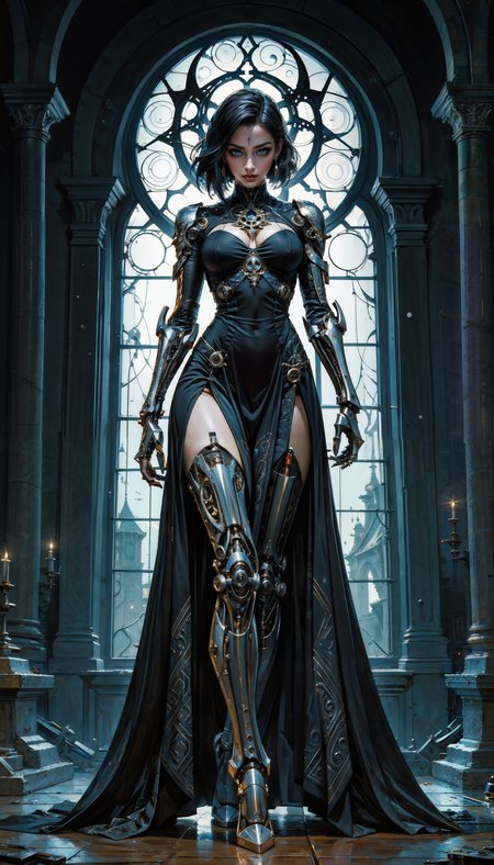 score_9, score_8_up, score_7_up, score_6_up, score_5_up, score_4_up,  dimly lit, rim lighting, occult, gothic, eerie, (solo), full body, elven girl, robot, bionic arms, bionic legs, skimpy clothes, long dress, black frilly drapes, in front of a window, smile, 1girl, delicate and smooth skin, blush, perfect body, thighs, highly detailed, glossy lips,  <lora:Expressive_H-000001:0.8>, expressiveH  <lora:Fant5yP0ny:0.9> <lora:Pony_DetailV1.0:0.9>
