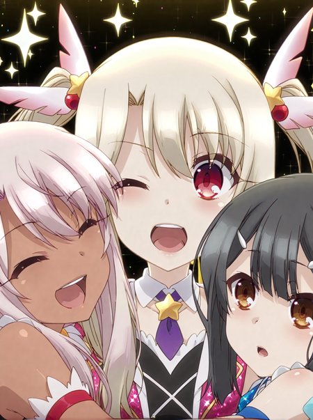 detailed background, shiny skin, posing,
heart, bloom, glitter, sparkle, 
<lora:prisma.il:1>,
prisma,
(multiple girls, 3girls:1.8), 
illya, miyu, chloe,
idol costume, upper body, one eye closed, peace, open mouth, hug,