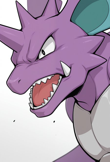 masterpiece,best quality, amazing quality, 1boy, solo, n1d0k1ng, pokemon (creature), close up, side angle, angry, outside,