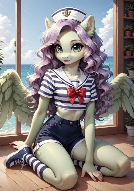 masterpiece, score_9_up, score_8_up, score_7_up, score_6_up, source_pony, (best quality:1.1), ultra-detailed, high resolution, solo, highly detailed macro illustration, good_hands BREAK 1girl, anthro pony, female, (Pegasus wings:1.3), (beautiful green eyes:1.6), (big eyes:1.4), (looking at viewer), (long eyelashes:1.4), (light purple wavy hair:1.4), tail, (light green fur:1.4), fluffy ears, (cute expression, cute face:1.4), smirk, small breasts, narrow waist, skinny, concave belly, red lipstick, lavender nails BREAK striped crop top, shorts, sailor collar, hat, red bow, cracked knee-high socks, shoes BREAK indoors, window, wooden floor, (shelves with potted plants), ocean, sunny, day BREAK pin up, sitting, model pose BREAK Highly Visible, sharp focus, perfect lighting, anatomically correct, extremely detailed, high detail, Expressiveh, OverallDetail, zPDXL3