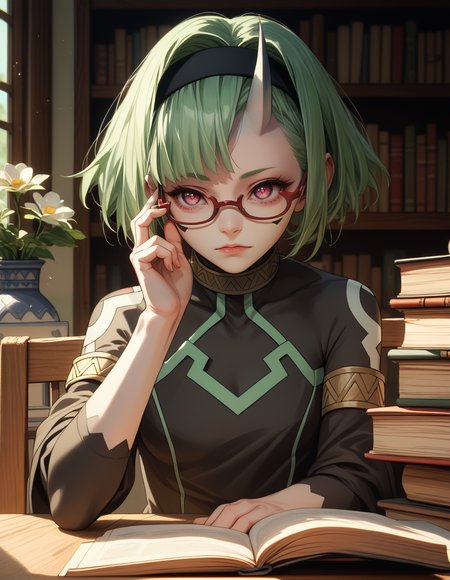 (score_9,score_8_up,score_7_up),<lora:mato_seihei_no_slave_-_ coco_zenibako:0.9>,dawn,from_side,coffee house,reading,red-framed eyewear,adjusting eyewear,vase,book_stack,open_book,zenibako,short_hair,green_hair,facial_mark,single_horn,red_eyes,black_hairband,bodysuit,long_coat,