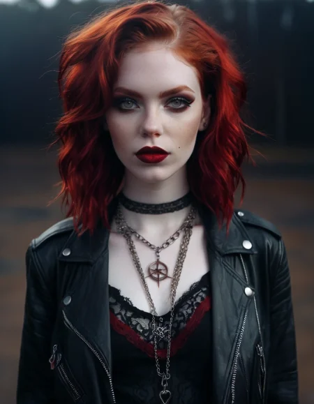 analog photo, 1girl,   (occult:1.4),  ginger-haired beauty with vibrant crimson locks styled in loose waves, few strategically placed strands framing her face, bold, fiery red lipstick, smoky eyes with dark liner, shimmering eyeshadow, chunky chain necklace adding an edgy touch, fitted black leather jacket layered over lace-trimmed camisole, rebellious grin, highly detailed, 4k