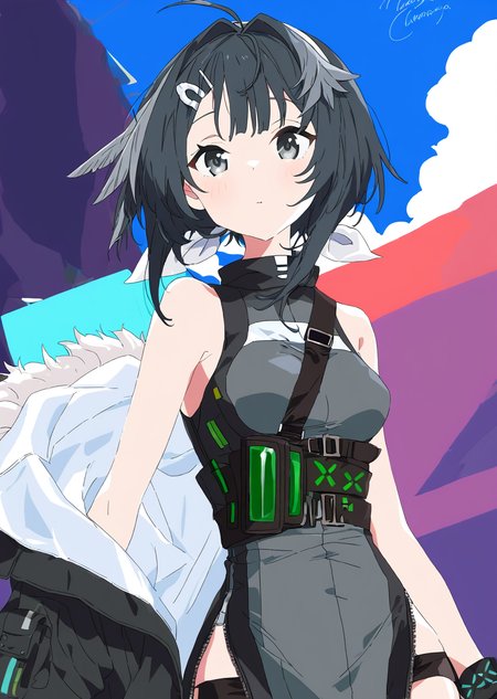 <lora:zetsuyochimayo241029:1>,1girl,looking at viewer,simple background,cowboy_shot,la pluma \(arknights\),sky,