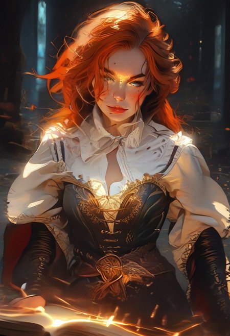 Safe_pos, (score_9, score_8_up, score_8), ultra detailed, high resolution, high quality, masterpiece, intricate details, intricate body, intricate landscape, knva, Expressiveh, hkmagic, missfortune, European Instagram Model, Sorceress, Wizard, Casting Thunder Magic Spells, Magic Circle, Thigh Strap, 1girl, source_cartoon, triss merigold, 1girl, solo, red hair, freckles, green eyes, hair bun, ((Dark-Auburn Hair, Blue Eyes, Full Lips, Delicate and Smooth Skin, Blush Perfect Body, Highly Detailed, Glossy Lips)), Beautiful, Attractive, (Long Hair, Shiny Hair), (Wizard), ((Femme Fatale)), Tight-Fitting Blue-and-White Dress, Corset, Sexy, Belt, Brown Thigh-High Boots, Fantasy, Medieval, ((Extremely Detailed Face and Eyes)), Looking at Viewer, (Flirty Smile), Soft Lighting, Warm Lighting, Unique Angle, Unique Perspective, Dramatic Angle, ((Full Body)), From Above, Tomes in Background, Magic Book, Ritual